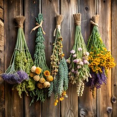 A bouquet of dried flowers and herbs hanging from a rustic wooden wall
