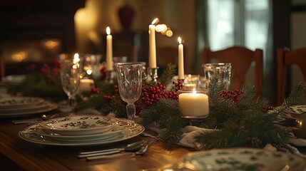 Create a Cozy Holiday Atmosphere: A Charming Dinner Table with Fine China, Candles, and Pine Centerpiece - Perfect as a Poster for Your Festive Home Decor!