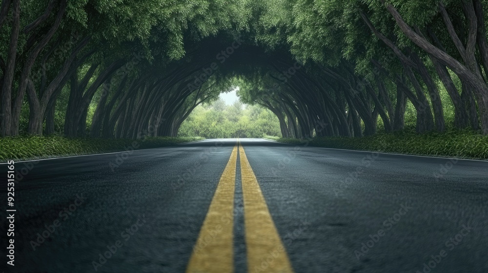 Sticker asphalt highway road and tree tunnel background. concept of car sale, auto, automobile, automotive empty space, shop or store.