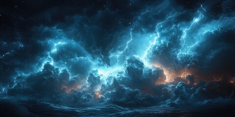 Stormy Night Sky with Blue and Orange Lightning Over a Rough Sea