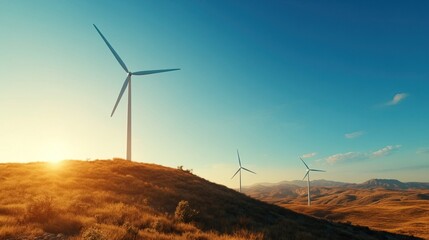 Obraz premium Scenic landscape featuring wind turbines under a vibrant sky during sunset, showcasing clean energy and natural beauty.