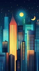 Stylized digital cityscape at night with colorful buildings and celestial elements like the moon and stars