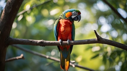 A stunning, vibrant parrot perched on a branch, its feathers shimmering in the sunlight.