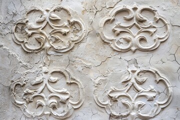 Obraz premium White stucco wall adorned with four intricate ornate designs, Rough stucco surface marked with intricate patterns