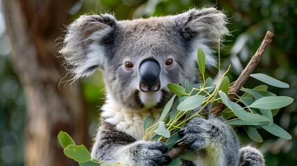 Obraz premium Cute koala bear in closeup clutching a laurel branch