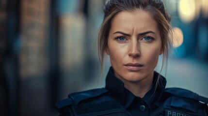 Obraz premium A female police officer in full uniform stands looking determined, capturing the essence of duty and bravery on city streets.