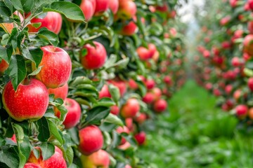 A field filled with rows of apple trees bearing abundant red fruit, Rows of apple trees heavy with ripe fruit ready for harvest