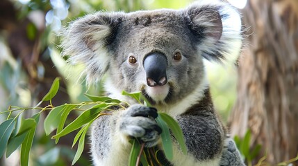 Obraz premium Cute koala bear in closeup clutching a laurel branch