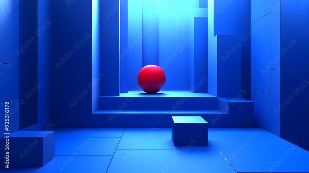 Wall mural A minimalist 3D scene featuring a red sphere in a blue geometric environment.