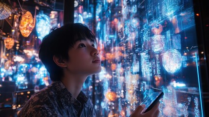 Young digital artist immersed in futuristic neon environment for creative inspiration