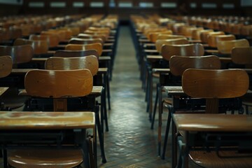 Fototapeta premium Rows of empty wooden chairs filling a room, Rows of empty wooden desks and chairs