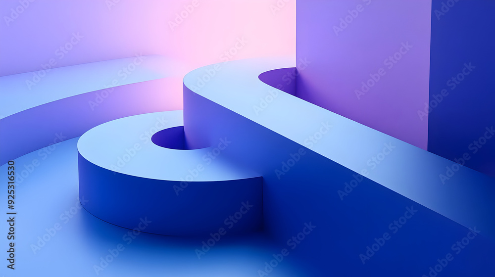 Poster A minimalist abstract composition featuring curved shapes in shades of blue and purple.