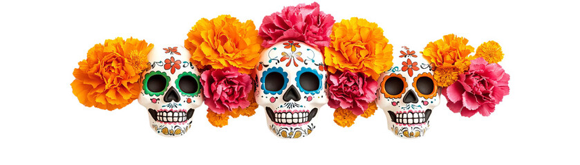 Colorful decorative skulls with vibrant flowers, celebrating the Day of the Dead tradition with artistry and cultural significance.