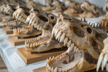 A row of animal skulls with sharp serrated teeth displayed on a table, Rows of sharp, serrated teeth on full display
