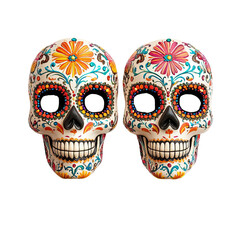 Colorful decorative skulls adorned with flowers, representing the vibrant culture of Dia de los Muertos.