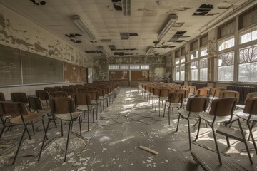 An empty classroom with rows of chairs, Rows of unoccupied desks in a classroom that echoes with silence