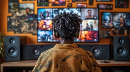 Young professional engaged in virtual tea gathering with multiple screens for networking