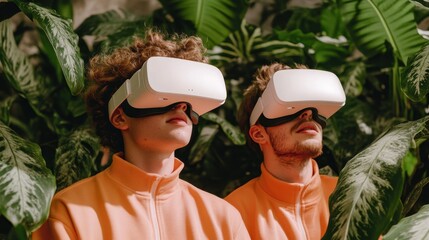 Young professionals engaging with virtual reality amidst creative greenery