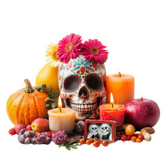 A vibrant Day of the Dead altar featuring a decorative skull, colorful flowers, candles, and seasonal fruits.