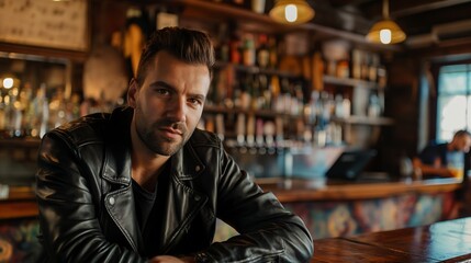 Fototapeta premium A confident man in a leather jacket sits at a rustic bar counter, gazing directly into the camera with a defiant expression.