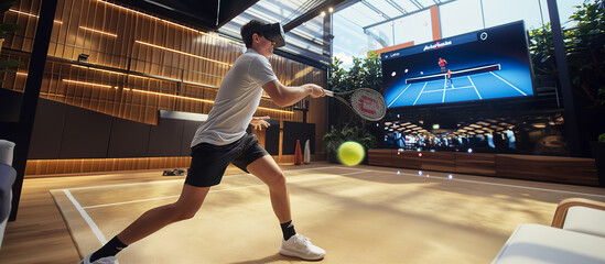 Man immersed in VR tennis inside his house, swinging away.
