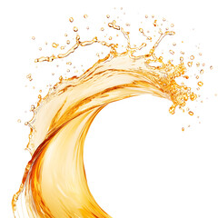 A wave-shaped splash of orange juice, with droplets arching gracefully and trailing off the crest, all suspended against a clean white background.