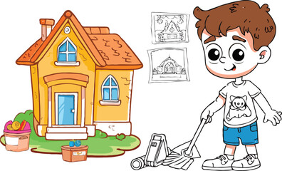 coloring page simple drawing of cartoon character  clean up the house, coloring book 
