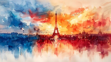 Watercolor illustration of the French tricolor flag, gently waving against a light background with soft hints of Parisian architecture, capturing an elegant and serene atmosphere. --ar 16:9 --v 6.0