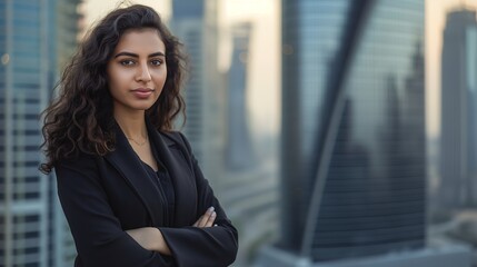 A confident woman dressed in a black suit stands with arms crossed in front of a modern city skyline under a clear sky, exuding professionalism.