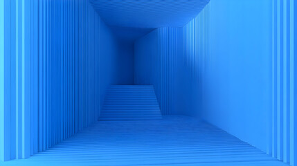 A minimalist blue interior space with textured walls and steps.