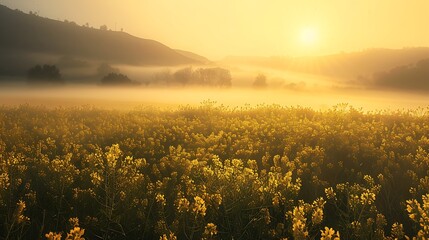 Obraz premium Dawn mist covering a mustard field at daybreak