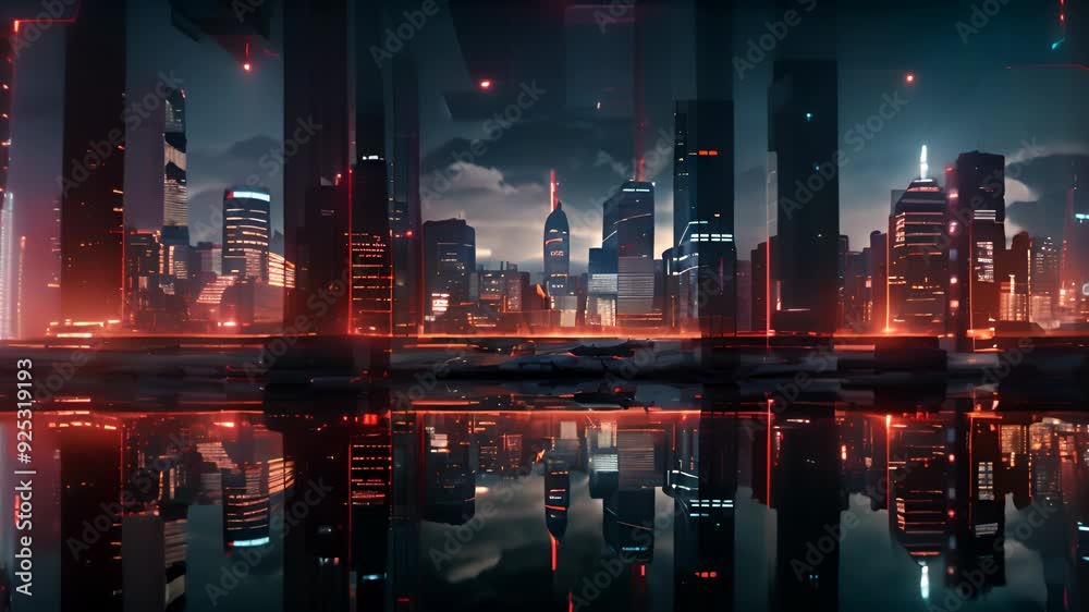 Aufkleber neon technology city business concept with skyscraper buildings and virtual network connection