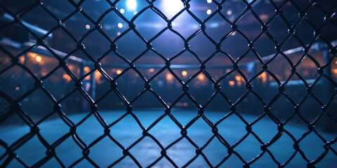The metal fence of an MMA cage. In the background the tatami is out of focus.