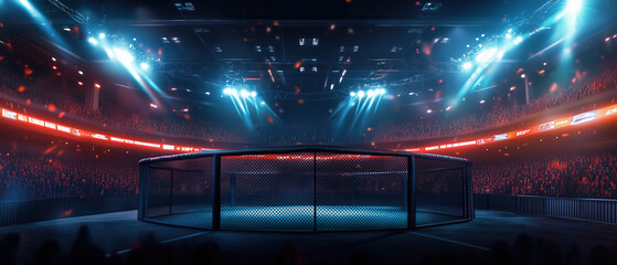 A stadium full of people watching a mixed martial arts fight.