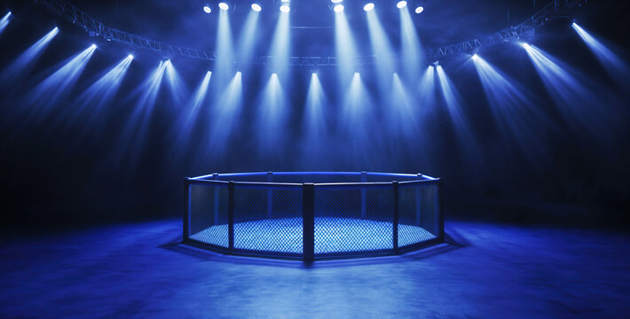 An empty stadium with an MMA ring in the centre illuminated by blue lights.