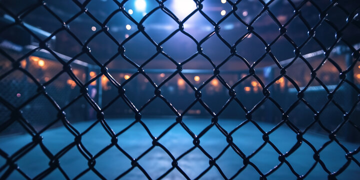 The metal fence of an MMA cage. In the background the tatami is out of focus.