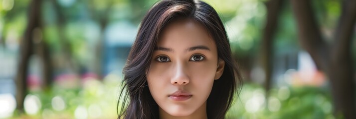 A young woman with a neutral expression stands outdoors with green trees in the background, projecting calm and simplicity in her demeanor.