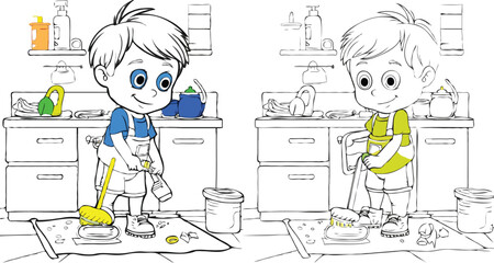 coloring page simple drawing of cartoon character  clean up the house, coloring book 