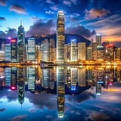 A bustling night scene in Hong Kong with towering skyscrapers and reflections on the water
