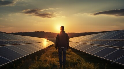 Engineer worker back view with solar panel at solar farm. Neural network ai generated art