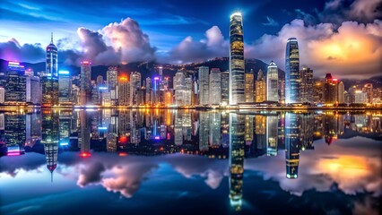 A bustling night scene in Hong Kong with towering skyscrapers and reflections on the water
