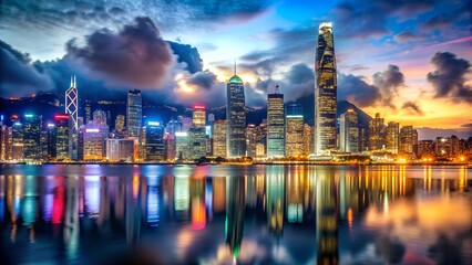 Fototapeta premium A bustling night scene in Hong Kong with towering skyscrapers and reflections on the water