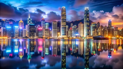 A bustling night scene in Hong Kong with towering skyscrapers and reflections on the water