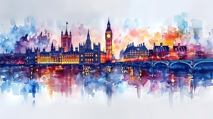 Obraz premium Watercolor illustration of the Union Jack, the flag of the United Kingdom, waving proudly against a light background with subtle hints of London's iconic skyline,