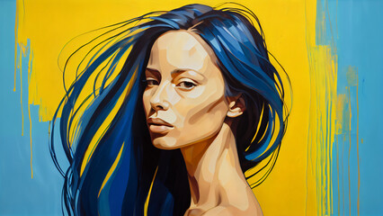 Fototapeta premium Dynamic Motion and Modern Elegance: A Fluttering Hair Profile in Bright Blue and Yellow Line Art