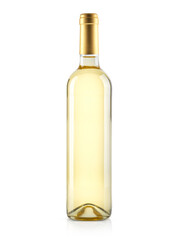 Single bottle of white wine with a golden cap on a white background
