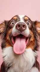 Funny and hungry Australian Shepherd licking his lips with his tongue on pink pastel background.