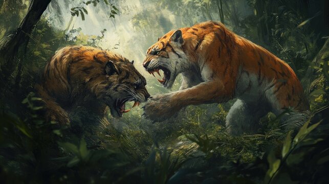 Two Saber-Toothed Tigers Facing Off in a Lush Jungle