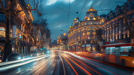 Fototapeta premium a city street at night with moving lights. There are tall buildings on both sides of the street and the street lights are moving.