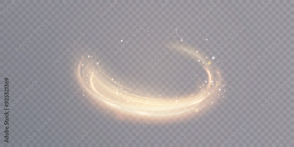 Poster Spiral arc effect of bright glow in yellow-violet tones. Effect of shining magic lines twisted in space with flickering points of bright sparks.